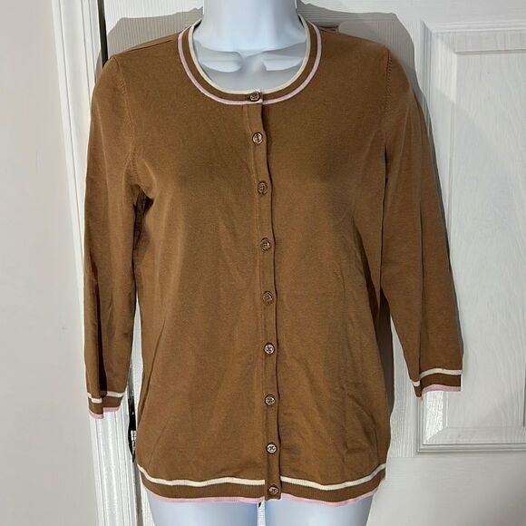 NWT Talbots Cardigan Button Up Sweater Charming Tipped Tan 3/4 Sleeve size XS - Picture 2 of 8
